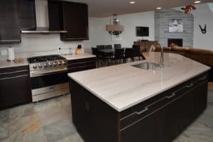 A wide angle view of a luxurious kitchen, one of the cornerstones of our Colorado vacation rentals.