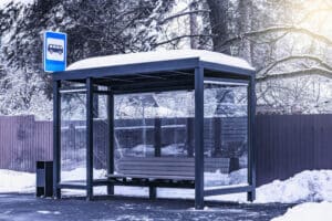 View of Vail Transportation bus stop during winter